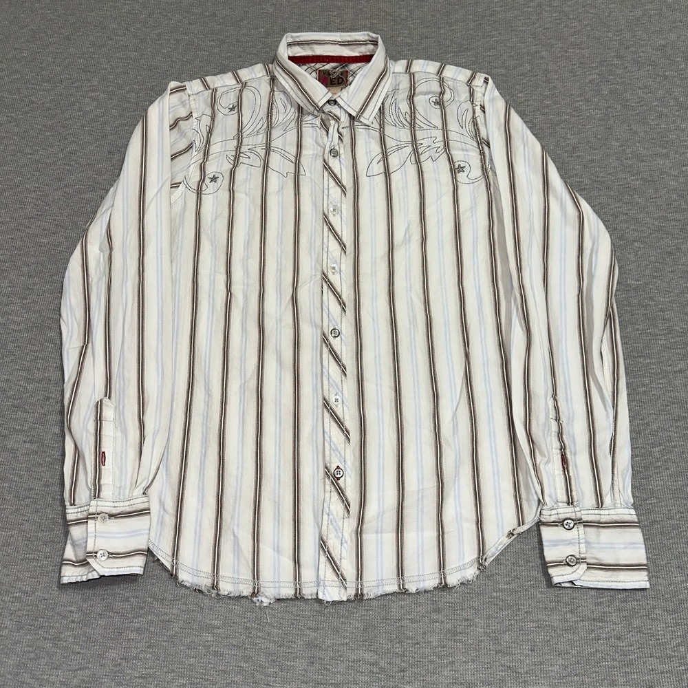 Vintage Red Western Button Up Shirt Striped Embroidered White Brown Mens Large